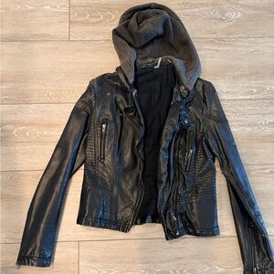 Free People Black Leather Jacket with Zippered Hood